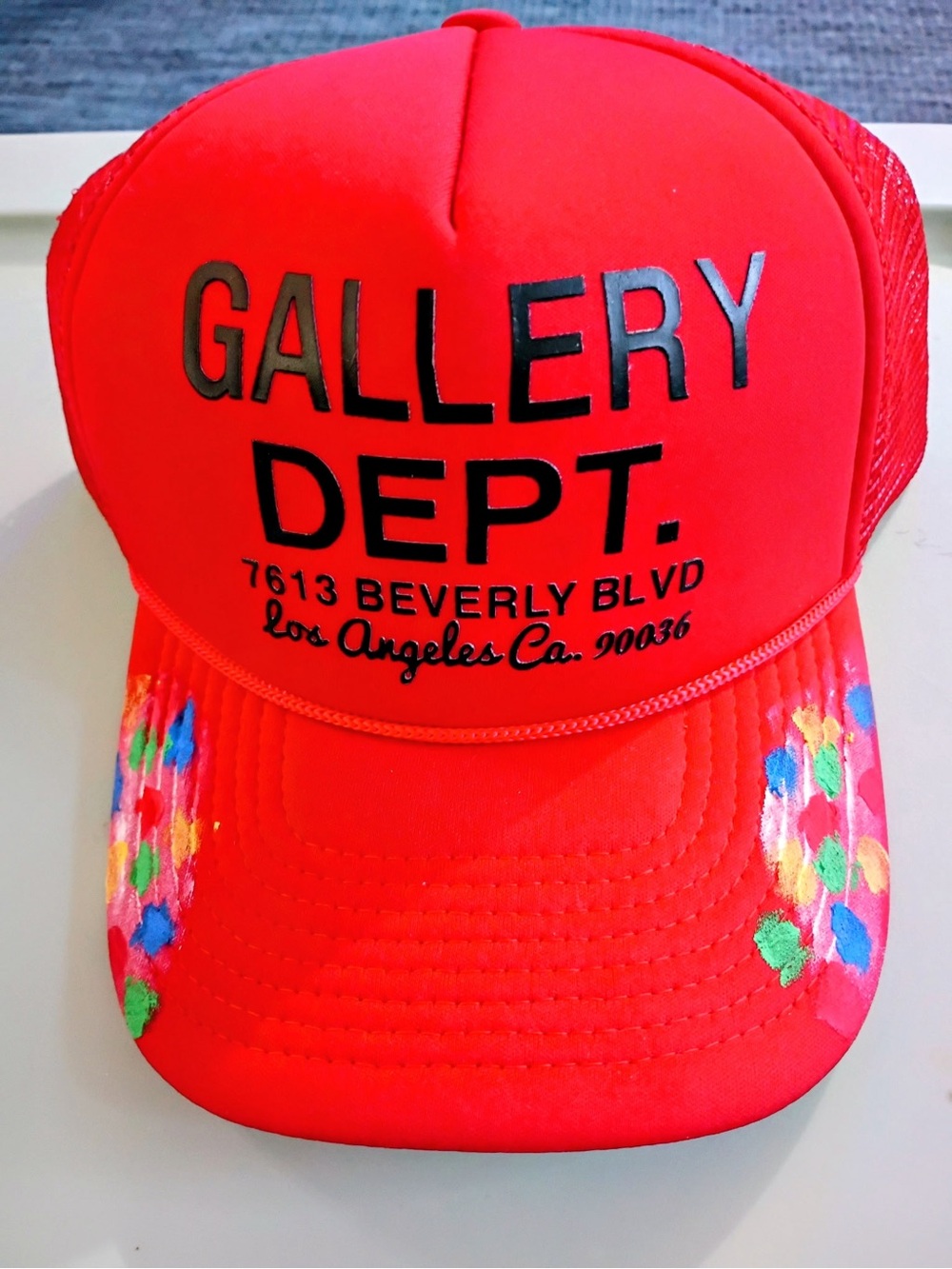 Gallery Dept Red Trucker Cap with Multicolor Paint Accents